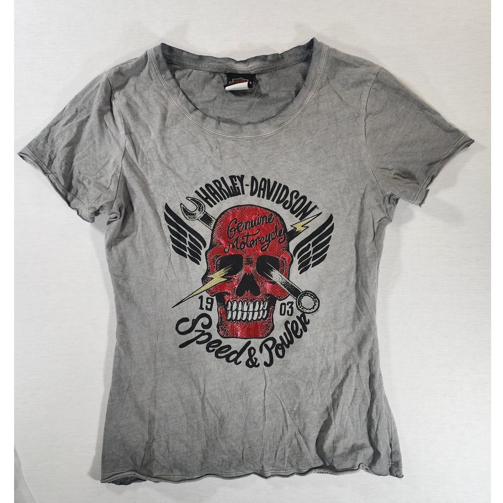 Harley-Davidson Women M Speed & Power Skull Gray Apols MN Biker Edgy Acid Shirt